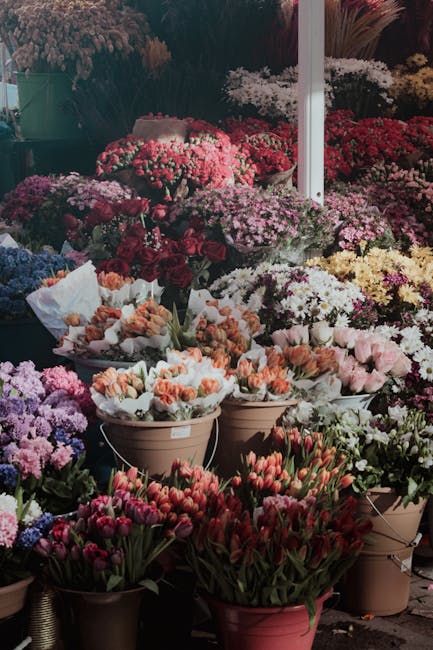 A vibrant display of diverse flowering plants arranged in various pots and containers at a flower market. The scene features an abundance of pink, red, purple, and white blooms, including tulips, chry