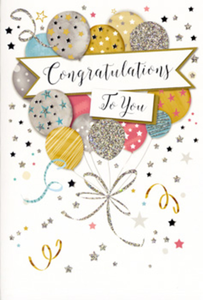 The image shows a beautifully detailed congratulations card, its design centred on a jubilant bouquet of illustrated balloons that seem to float above a soft, star-scattered background. The balloons are rendered in harmonising tones of warm gold, soft silver, champagne cream, muted sky blue, rosy pink, and quiet dove grey, layered so they nestle together like a carefully arranged floral spray. Each balloon carries its own character: some are dusted with fine glitter effects, others wear delicate stripes or tiny, twinkling stars, echoing the glow of evening lights around Wandsworth Town. Slender metallic ribbons in gold and silver twist downward from the base of the bouquet, their graceful curls reminiscent of the ribbon we might tie around a hand-tied bouquet in the Wandsworth Flowers studio. Floating around the main cluster are scattered stars, confetti dots, and swirling lines that bring a sense of movement and festivity, as if caught mid-celebration on a lively night near the High Street. Across the centre, an elegant banner sweeps gently over the balloons, bearing a refined Congratulations To You message in flowing, calligraphic script that feels both celebratory and sincere. The overall mood is light yet meaningful, the palette luminous without being overpowering, perfect for honouring a new qualification, a long-awaited promotion, or a special achievement shared with family across Wandsworth. It's a card that visually conveys admiration and joy, much like the feeling of receiving a thoughtfully curated bouquet and card together on a day when your efforts are finally recognised.