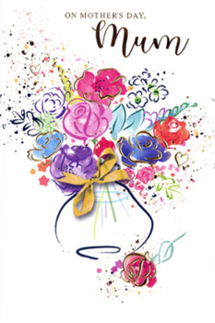 On this Mother's Day card, a joyful watercolour bouquet bursts from the page, as though gathered from a sunlit garden bordering Wandsworth Common and arranged by an artist with a florist's eye. The flowers are not tightly drawn but suggested in generous sweeps of colour: large blooms in rich cerise, raspberry pink, and magenta rise confidently at the centre, with petals edged or shadowed in deep indigo to create depth and soft contrast. Around them, softer washes of lavender, sky blue, and pale turquoise drift into warm touches of apricot, peach, and gentle chartreuse, so each hue blends into the next like petals overlapping in a fresh hand-tied bunch. Fine, shimmering strokes of gold accent certain petals and leaves, outlining curved edges and central veins, giving the impression of delicate gilding that catches the light like early morning sun over the River Wandle. The clean white background lets these colours breathe, while scattered splatters and small heart-like shapes in pinks, blues, and gold dance around the bouquet, as if petals were tossed joyfully into the air. At the base, a simple vase is loosely sketched in pale tones, cinched with a golden bow that recalls the finishing ribbon on an arrangement being prepared for local delivery across Wandsworth, Putney, or Battersea. The mood is warm, exuberant, and deeply affectionate, evoking a child's pride in choosing something beautiful for their mum. This card feels like a visual embrace, capturing the gratitude, tenderness, and shared memories that make Mother's Day so meaningful.