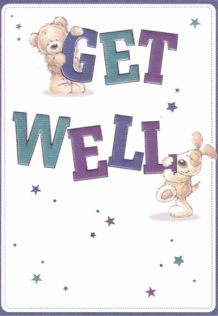With gentle artistry, this get well card presents a heartwarming tableau beloved across Wandsworth. A friendly brown bear sits contentedly atop the regal purple letters spelling 'GET', reaching down with a subtle, supportive gesture towards a puppy whose floppy ears and hopeful eyes radiate innocent encouragement. Positioned along rows of bold teal and violet text, their playful companionship is echoed by whimsical starbursts that seem to float above the design, much like wishes drifting through the community air from King George's Park to Southfields. The contrast between the crisp, cool background and the lush, saturated tones imparts energy and clarity, much like the refreshing walks by the Thames Embankment. Detailing is masterfully rendered: textured fur you can almost touch, rounded shapes that invite smiles, and letters shaded with gradients suggesting both shadow and joy. The overall design creates a palpable sense of comfort, echoing those moments when local florists prepare cheerful bouquets to lift patients' spirits at Queen Mary's Hospital. Sending this card together with a vibrant floral arrangement captures the essence of Wandsworth kindness-layers of liveliness and care united in a single, heartfelt gesture.