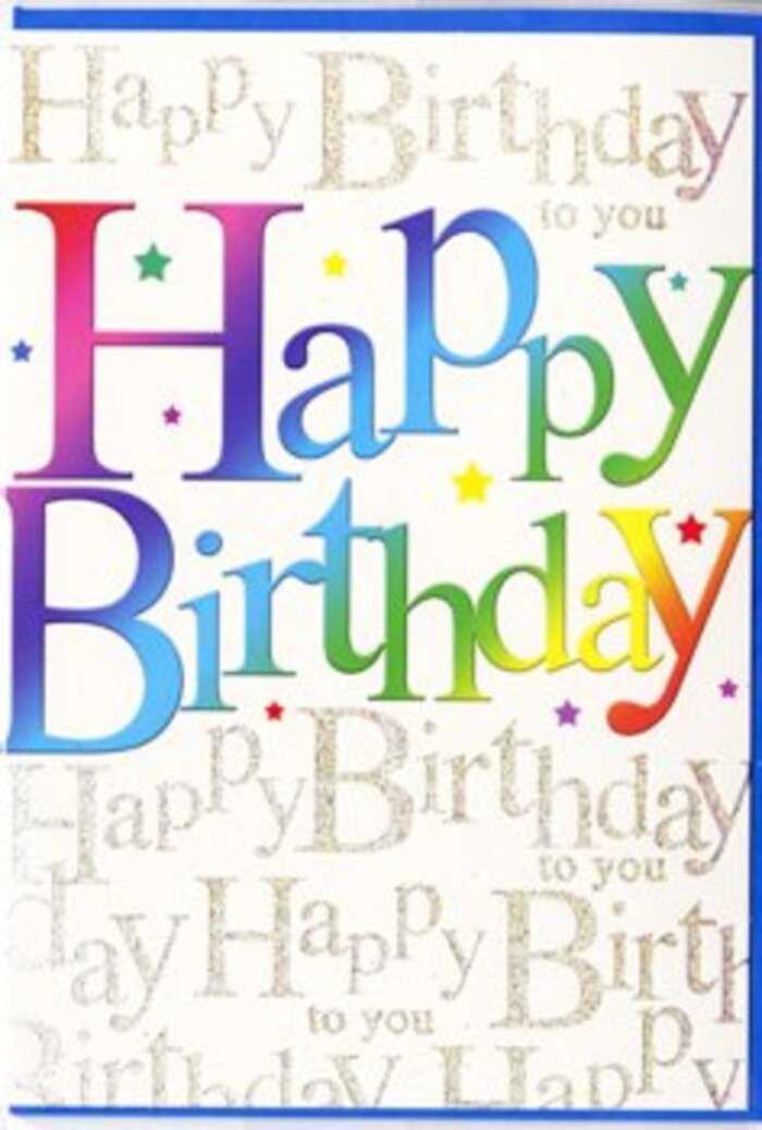 This richly detailed birthday card glows with the kind of festive warmth that suits a cosy gathering in a Wandsworth townhouse, with friends chatting late into the evening. Dominating the scene is the phrase Happy Birthday, written in broad, rounded letters that curve with a friendly, almost hand-painted charm. Each letter is filled with a soft gradient of colour, moving seamlessly from bold scarlet at the edges to rosy pinks, ocean blues, leafy greens, and golden yellows, reminiscent of a row of birthday candles in different shades flickering together on a cake. The finish appears smooth and slightly reflective, suggesting a quality print that would gently catch overhead light, like the glow from fairy lights strung along St John's Hill. Framing and supporting these central words is a rich backdrop of delicate gold writing, the phrase Happy Birthday to you repeating in a fine, looping script that feels as careful and personal as a note inside a card from a close friend. The shimmering gold picks up hints of light, not in a harsh way, but like tiny threads of metallic ink woven into paper. Here and there across the front, small bursts of colour-miniature stars, dots, and confetti specks-appear between the letters, suggesting movement and playful joy, as if a celebration has already begun. The overall palette remains harmonious: warm golds, vivid rainbow tones, and small accents of cooler hues to keep the design lively yet sophisticated. You can easily imagine this card chosen from a thoughtful display at Wandsworth Flowers, then paired with a bright birthday bouquet before being delivered to a doorstep near Earlsfield, ready to make the recipient feel truly celebrated.