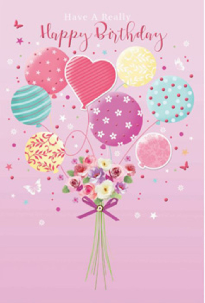 This birthday card illustration portrays a dreamy celebration scene that feels perfectly at home in Wandsworth, as if sketched while watching balloons rise above the rooftops near St John's Hill. The backdrop is a soft pink wash, subtle and calm, allowing the central display of balloons and flowers to shine. A cluster of pastel balloons floats upward, gently overlapping like bubbles in the sky. Their colours-gentle pink, sea-green mint, lavender, and mellow yellow-are decorated with an array of joyful patterns, from ribbon-like stripes that twist around each curve to lively polka dots and stylised flower shapes. A prominent heart-shaped balloon glows near the centre, suggesting the affection behind the birthday greeting. From this radiant cluster, fragile-looking ribbons descend and gather around a hand-tied bouquet at the bottom of the artwork. The bouquet is dainty yet abundant, filled with petite roses and daisy-like blooms whose petals shift from cream to rose blush, as though brushed by the first light of morning. The blossoms are nestled close together, creating a lush cushion of colour and texture, while slivers of greenery peek through, adding freshness and balance. Everything is neatly finished with a shimmering purple bow, tied as carefully as a florist at Wandsworth Flowers would prepare a birthday posy for same-day delivery around the Tonsleys or along East Hill. Delicate butterflies and sparkling star details drift around the arrangement, enhancing the feeling of lightness and joy. The whole composition radiates gentle jubilation, turning a simple birthday card into a keepsake that feels personal, thoughtful, and full of soft, uplifting energy.