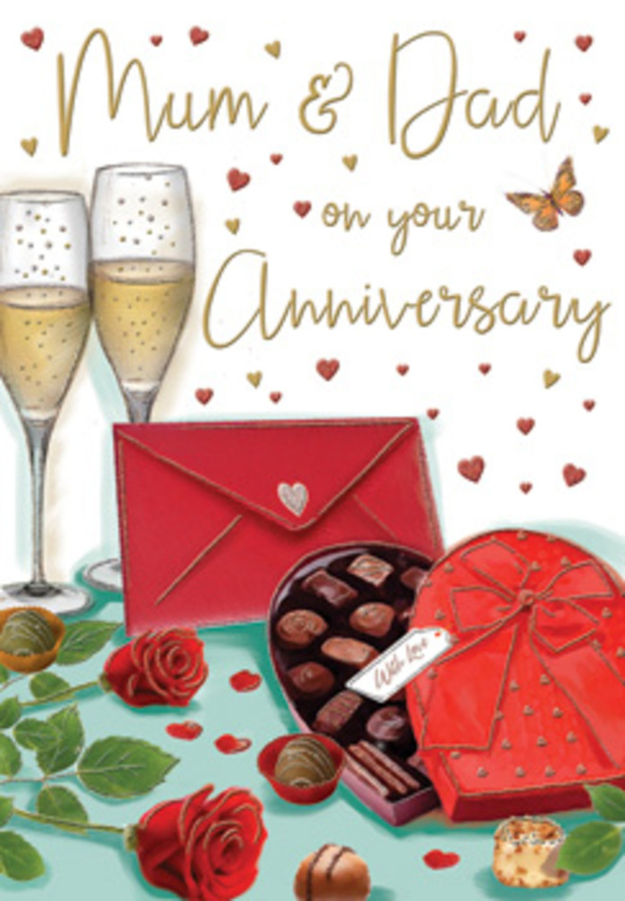 Atmospheric anniversary card illustration featuring lush florals and celebratory details, described with the eye of a Wandsworth Flowers designer. At the centre of the artwork, two richly shaded red roses rest on a tabletop, their petals curling and overlapping with that soft, velvety look you see on a freshly delivered bouquet, the greenery around them a deep, healthy green that frames the blooms beautifully. Close by, an open heart-shaped box of chocolates anchors the lower part of the card; its crimson casing is wrapped with an opulent red bow, drawn as if made from thick satin that gleams along each fold. Inside the box, neat rows of chocolates are illustrated in various tones of brown, some with little swirls or dots on top, suggesting a mix of pralines and truffles perfect for sharing after dinner in a cosy Wandsworth kitchen. A couple of chocolates spill out onto the table, adding a casual, lived-in feel to the scene. Just behind, two slim champagne flutes stand almost touching, filled with golden, effervescent champagne; the artist has captured the tiny rising bubbles and the reflective glint along the glass stems, evoking the soft clink of a toast. Scattered across the background are small hearts in shimmering gold and deep red, floating like confetti over a light, softly textured backdrop. Hand-lettered words are directed to Mum & Dad, the script curling gracefully around the design elements, giving a personal, family-focused note that feels right at home in Wandsworth's close-knit streets and terraces. Off to one side lies a scarlet envelope, neatly sealed, its bold colour echoing the roses and ribbon. The whole composition feels warm, intimate, and slightly indulgent, like a quiet anniversary celebration held at home after a stroll through Wandsworth Common.