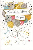 This congratulations card is designed like a joyful sky over Wandsworth, filled with a graceful bouquet of illustrated balloons and shimmering accents. At the heart of the image, rounded balloons cluster together in soft metallic tones-gold, silver, champagne, sky blue, blush pink, and gentle grey-creating a layered, three-dimensional feel, as though they are gently drifting upward. Each balloon is enhanced with delicate decoration: some are speckled with fine glitter-style dots, others traced with slim stripes or tiny stars, so they look as though they're catching light from an unseen window overlooking the Thames. Flowing from the bottom of the bouquet, slender ribbons in gold and silver arc and curl, their fluid lines evoking the motion of festive streamers dancing in a breeze across Wandsworth Common. Dotted throughout the pale, luminous background are little stars, confetti specks, and swirling loops that echo the soundless buzz of a celebration-like the quiet, happy aftermath of good news shared at home. A central banner drapes elegantly across the balloons, with the words Congratulations To You written in refined, sweeping script that feels personal, almost like a carefully practised signature. The overall effect is one of lightness, sparkle, and heartfelt pride, suitable for marking all kinds of successes, from new jobs in town to graduations and exams. The card feels as lovingly considered as a seasonal bouquet, turning a simple message of congratulations into something tangible, memorable, and full of warmth.