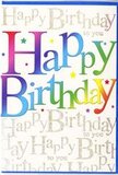 In this image, a vibrant birthday card fills the view, radiating the same kind of upbeat energy you might feel walking past cafés and shops near Wandsworth Common on a sunny day. The central feature is the bold phrase Happy Birthday, written in oversized, rounded letters that look almost as if they've been gently puffed up like balloons. Each character carries its own blend of colour, moving through a rainbow-like gradient: deep cherry reds slide into magenta, teal melts into sea-blue, fresh greens fade into chartreuse, and glowing yellows soften to pastel peach. The surface of the letters appears smooth and lightly glossy, suggesting a high-quality print designed to gleam softly when tilted in the light. Behind this strong, colourful statement, the entire background is layered with delicate golden handwriting repeating Happy Birthday to you, the script fine and looping, almost like a soft musical refrain written across the card. The gold has a subtle, glittering texture, as if tiny metallic particles have been dusted over the ink, catching light the way early morning sun glimmers on the shopfront windows along Garratt Lane. Scattered across and between the letters are specks of colour and tiny star-like shapes in bright tones-cobalt, hot pink, citrus yellow-giving the impression of confetti floating through the air. The combination of the bold rainbow greeting, the shimmering gold script, and the playful confetti details creates a feeling of genuine festivity and anticipation. It is easy to picture this card resting beside a fresh bouquet on a Wandsworth dining table, waiting to be opened as friends gather to sing and share birthday wishes.