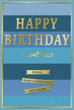 In this image, a stylish birthday card is presented as the quiet centrepiece, its layered blue background evoking both calm and celebration, like a clear afternoon sky over Wandsworth after the bustle of the morning school run. Wide horizontal stripes in varying shades of blue-from deep, inky navy at the bottom to soft, airy sky blue at the top-create an ombre effect that gently guides the gaze upward. At the heart of the composition, the greeting HAPPY BIRTHDAY is embossed in large, commanding gold capitals. The letters are precisely formed and subtly raised, their metallic finish catching the light in a soft, elegant shimmer rather than a bright flash. Just below this central message, a fine, curving gold flourish unfurls across the card, adding a note of classic charm reminiscent of ornate ironwork on period houses near East Hill. Beneath the flourish, three gold banners lie in a neat vertical stack, parallel to the blue stripes. Each banner is a flat, ribbon-like bar of soft gold, and together they carry the sentiment: Relax, have a great day and enjoy! The words are delicately set, echoing the card's calm but joyful tone. A slender gold line frames the entire piece, like a picture frame around a carefully composed scene, holding all the elements in graceful balance. The card's surface looks smooth and velvety, contrasting with the cool gleam of the metallic details. Everything about the image suggests simplicity, quality, and warmth-the kind of card a local Wandsworth florist might tuck beside a vase of fresh seasonal flowers, ready for same-day delivery to mark a birthday with understated style and genuinely kind wishes.