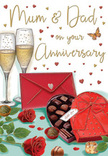 Heartfelt anniversary card scene for parents, illustrated with roses, chocolates, and champagne, evoking the cosy charm of a Wandsworth celebration. The foreground shows two full, velvety red roses lying side by side on a flat surface, each petal carefully shaded so that the flowers look as though they were freshly selected from a florist on Old York Road. Their deep green foliage peeks out behind the blooms, adding lush contrast. Just adjacent rests an open, heart-shaped box of chocolates, its bold crimson exterior framed with a luxurious red bow, the tails of the ribbon curving across the table in generous arcs. Inside the box, individual chocolates sit snugly in rows, dark and milk tones interspersed, with one or two pieces scattered invitingly outside, as if someone has already started to enjoy them. Behind this tempting arrangement, two elegant champagne flutes rise up close together, partially filled with golden champagne that fizzes gently, captured mid-bubble, suggesting a quiet toast at home after a meal in a Wandsworth flat. The glass stems are slender and luminous, catching the soft light that seems to bathe the entire scene. Around the central elements, small hearts in shades of gold and rich crimson float across a pale, gently glowing backdrop, echoing the sense of affection and celebration. The words Mum & Dad appear in a relaxed, hand-lettered style, curving through the design like a spoken blessing. Off to one side, a neatly placed red envelope lies closed, hinting at a personal message inside. The illustration radiates warmth, gratitude, and the sweetness of an anniversary marked with simple yet meaningful pleasures.